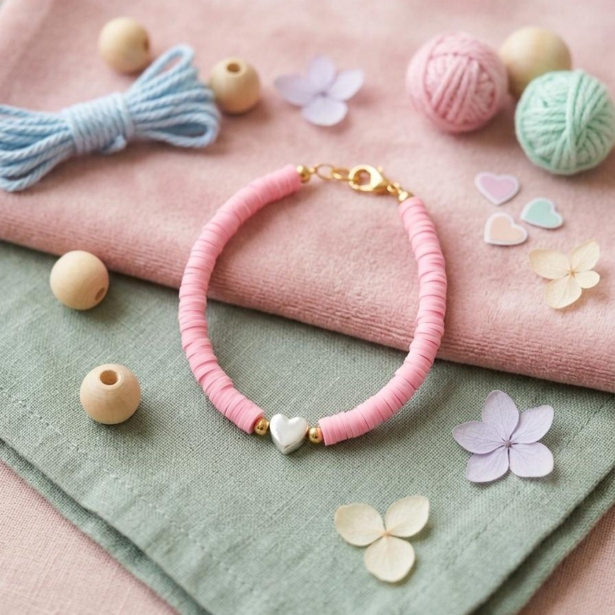 Bracelet heishi rose avec perle cœur argentée, création enfant