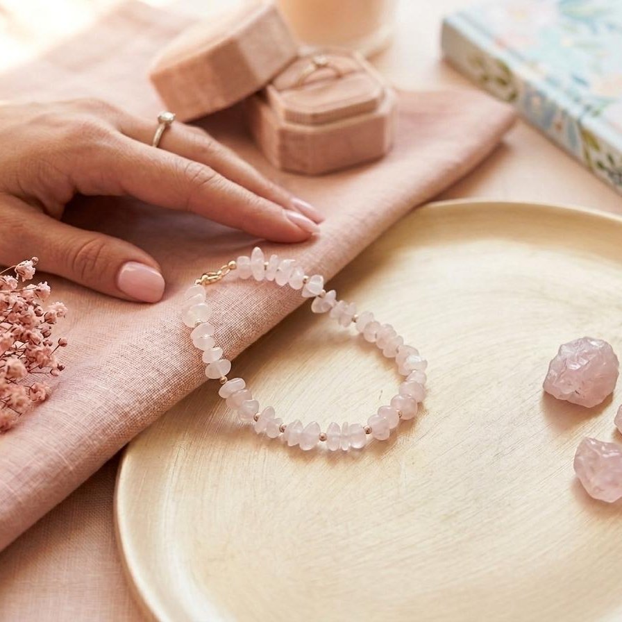 Bracelet en quartz rose brut et perles dorées posé sur un plateau en bois
