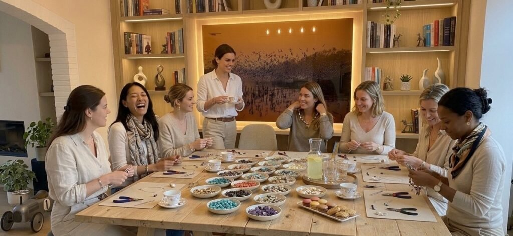 Huit participantes créent des bijoux autour d'une grande table lors d'un atelier Pépites & Papotes à Bruxelles